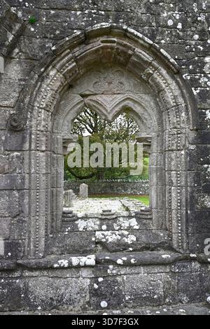 Dettaglio della finestra scolpita sui resti in rovina dell'abbazia o monastero di Dundrennan, Scozia Regno Unito settembre Foto Stock