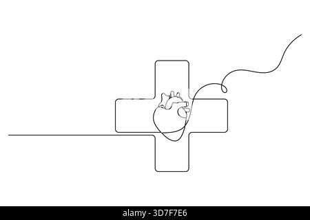 Disegno continuo di un cuore anatomico con croce medica Illustrazione Vettoriale