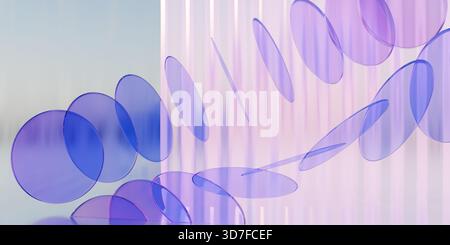 Dischi traslucidi blu e viola sospesi in un'installazione artistica moderna e minimalista. rendering 3d. Foto Stock