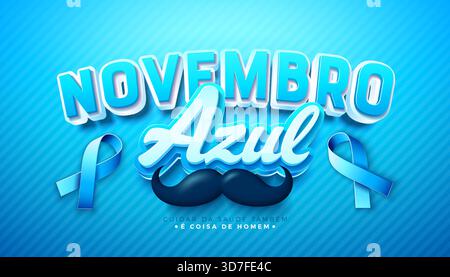 Blue November Prostate Cancer Banner Design con baffi e nastro su sfondo blu. Novembro Azul Vector di assistenza sanitaria di lingua portoghese Illustrazione Vettoriale