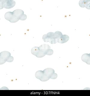 Illustrazioni acquerello nuvole blu, stelle beige. Motivo disegnato a mano in stile vintage. Stampa senza interruzioni isolata dallo sfondo per i disegni dei neonati Foto Stock
