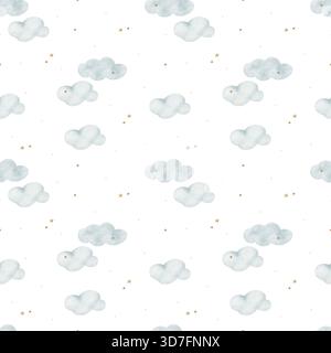 Illustrazioni acquerello nuvole blu, stelle beige. Motivo disegnato a mano in stile vintage. Stampa senza interruzioni isolata dallo sfondo per i disegni dei neonati Foto Stock