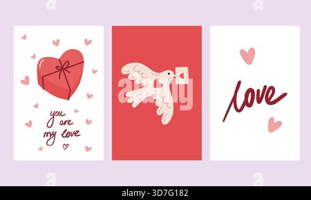 Carino set di carte di San Valentino con cuori, dove e lettera d'amore Illustrazione Vettoriale