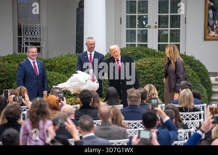 Washington, Stati Uniti. 25 novembre 2025. Il presidente degli Stati Uniti Donald Trump (2° R) partecipa alla cerimonia nazionale di gradimento della Turchia alla Casa Bianca di Washington, DC, negli Stati Uniti, 25 novembre 2025. Crediti: HU Yousong/Xinhua/Alamy Live News Foto Stock