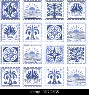 Cornice tropicale senza cuciture con conchiglia di palma, sole, vettoriale di piastrelle oceaniche Illustrazione Vettoriale