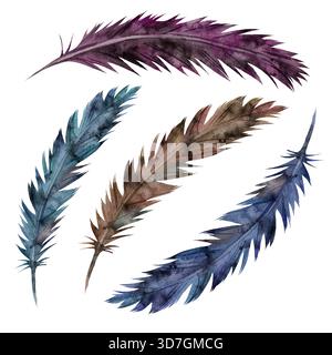 Set di acquerelli di piume di uccelli in tonalità marrone, blu e viola. Delicate illustrazioni di piumaggio isolate su sfondo bianco pulito. Elementi naturali bohémien per disegni tribali e da sogno Foto Stock