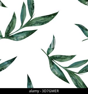 Motivo ad acquerello senza cuciture con ramoscelli verdi vivaci e foglie fresche. Illustrazione botanica disegnata a mano su sfondo bianco pulito. Elegante design organico per stampe primaverili su carta da parati e tessuti Foto Stock