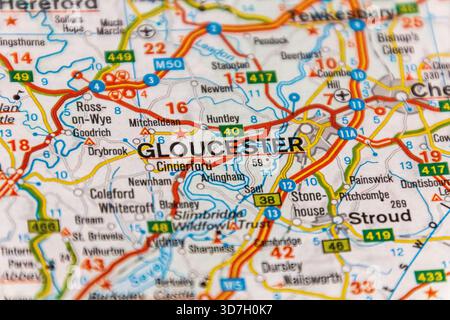 Gloucester, Regno Unito, su una mappa stradale. Foto Stock