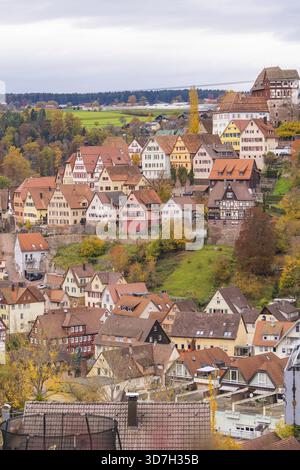Vista idilliaca della città con case a graticcio su una collina circondata da foglie autunnali e cielo nuvoloso, Altensteig, quartiere Calw, Germania Foto Stock