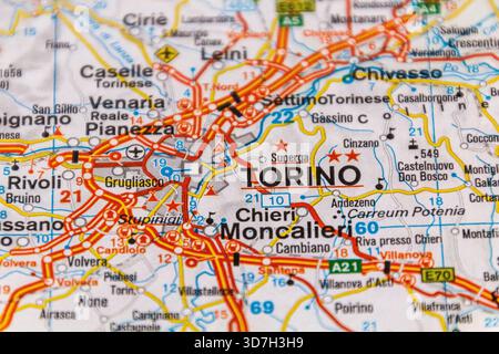 Torino (Torino), regione Piemonte, Italia su una mappa stradale. Foto Stock