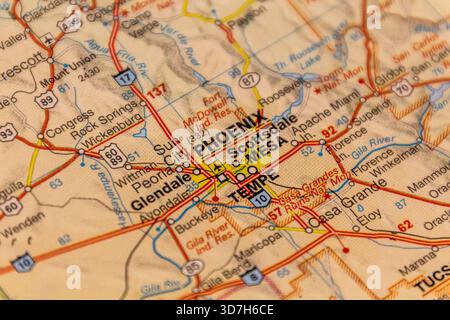 Phoenix, Arizona, USA su una mappa stradale Foto Stock