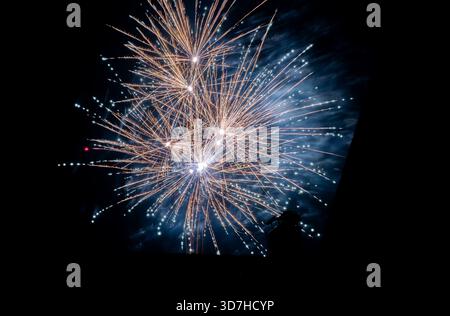 Primo piano di un enorme e intricato fuochi d'artificio dorati e bianchi che esplodono in uno spettacolare schema stellare, riempiendo il cielo notturno di luce e smo Foto Stock