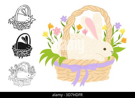 Coniglio di Pasqua in un cestino con il simbolo dei fiori set di cartoni animati. Buona Pasqua simpatica lepre o coniglietto icona lineare a forma di scarabocchio. Fumetto animato adorabile animale semplice vettore simboli di Pasqua concetto Illustrazione Vettoriale