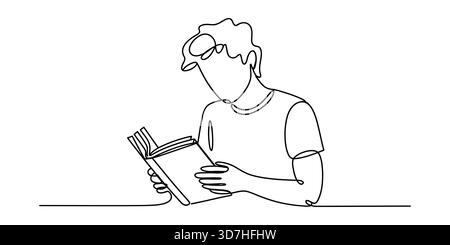 Giovanotto che legge un libro con un'unica linea continua che disegna arte Illustrazione Vettoriale