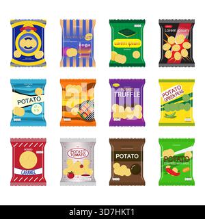 Set di confezioni con snack di vari gusti su sfondo bianco. Illustrazione Vettoriale