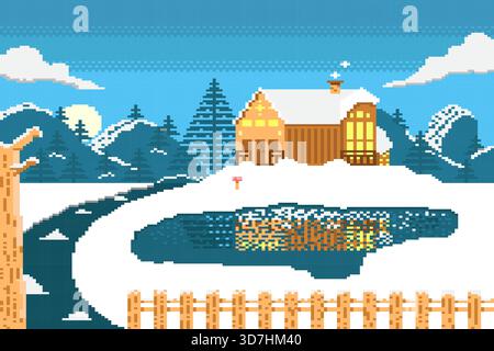 Casa in legno con luci di sera, inverno con neve. Illustrazione Vettoriale