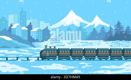 Treno a vapore su terreni innevati con sagoma di edifici e pini o alberi sulle montagne e sfondo blu del cielo in inverno con nevicate. Illustrazione Vettoriale