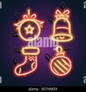 Decorazioni natalizie al neon. Palle di Natale, calzini, campana. Illustrazione Vettoriale