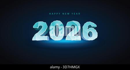 Suonate nel 2026 con questo audace e futuristico design "Happy New Year" con numeri in cristallo ghiacciato in tonalità blu brillanti. L'aspetto frastagliato e congelato del Illustrazione Vettoriale