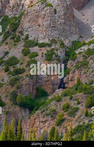 Vista ravvicinata di una piccola cascata o di un ruscello che si getta lungo un'imponente e stratificata parete rocciosa rossastro-marrone, circondata da arbusti verdi e pini tre Foto Stock