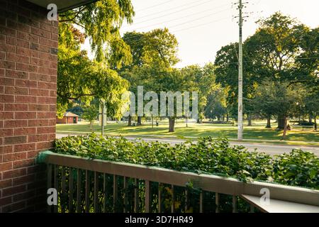 View of lush parkland, seen through brick exterior with green plants. Hamilton, ON Foto Stock