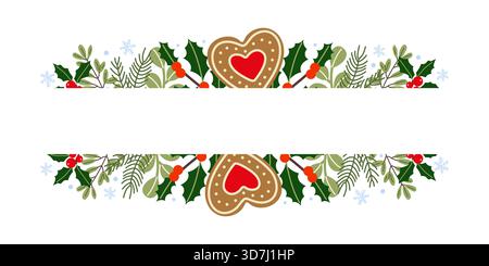 Bordo decorativo colorato con biscotti al cuore di pan di zenzero e piante invernali come holly, pino e bacche, perfetto per l'artigianato e l'invito delle vacanze Illustrazione Vettoriale
