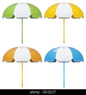 Set di ombrelloni a strisce per le vacanze estive isolati su sfondo bianco. 3D render di vacanza estiva concetto e vacanze Foto Stock