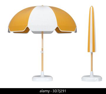 Set di ombrelloni a strisce per le vacanze estive isolati su sfondo bianco. 3D render di vacanza estiva concetto e vacanze Foto Stock