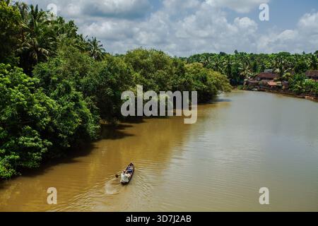Un pescatore locale nel canale Cumbarjua, Goa, India. Il canale Cumbarjua collega i due fiumi principali di Goa, vale a dire il Mandovi e lo Zuari Foto Stock
