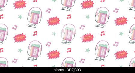 Un vivace motivo vettoriale senza interruzioni con lettori di cassette portatili rétro degli anni '90 con cuffie, circondati da note musicali, stelle e boom acce comiche Illustrazione Vettoriale