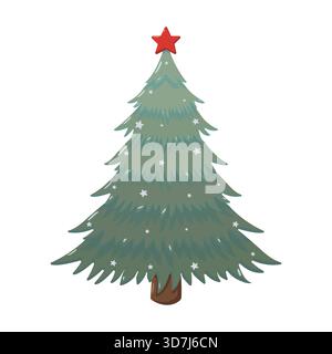 Albero di Natale stilizzato con rami verdi, stelle bianche, topper rosso, tronco marrone. Design natalizio per carte e decorazioni Illustrazione Vettoriale