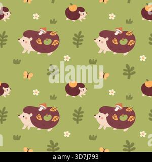 Simpatico motivo senza cuciture di riccio. Divertenti animali della foresta che trasportano mele e funghi, genitori cartoni animati con bambini. Tessuto decorativo, carta da imballaggio Illustrazione Vettoriale