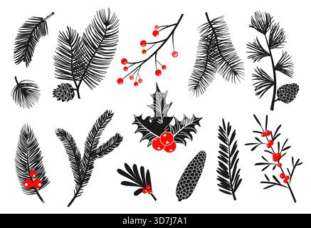 Icone nere delle piante di Natale. Decorazioni tradizionali per le vacanze invernali, elementi di sagoma di alberi di abete, bacche rosse e coni, holly, Mistleto e. Illustrazione Vettoriale