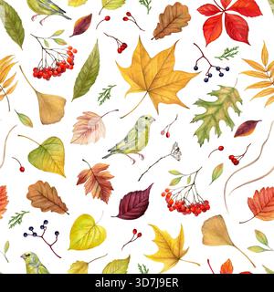 Foglie autunnali, bacche e uccelli verdi acquerello motivo senza cuciture su sfondo bianco. Illustrazione disegnata a mano nella natura autunnale. Ideale per stampe su tessuto, Foto Stock