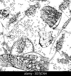 Fasci di erbe in carta artigianale, cesto con trug di lavanda, farfalle e bumblebees con spruzzi di vernice. Illustrazione del modello senza giunture isolato disegnata a mano Illustrazione Vettoriale