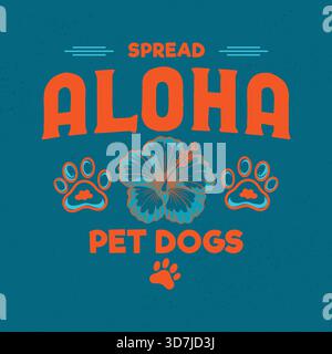 T-shirt tropicale a tema per cani Aloha con icone di ibisco e zampa Illustrazione Vettoriale
