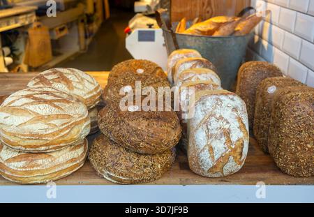 Pani di pane appena sfornati in mostra presso la vetrina della Reeves Bakakers, Devizes, Wiltshire, Inghilterra, Regno Unito Foto Stock