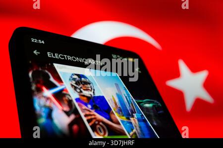 ARTI ELETTRONICHE sullo schermo dello smartphone con lo sfondo della bandiera turca. Foto di concetto sulla tecnologia e lo stile di vita. Foto Stock