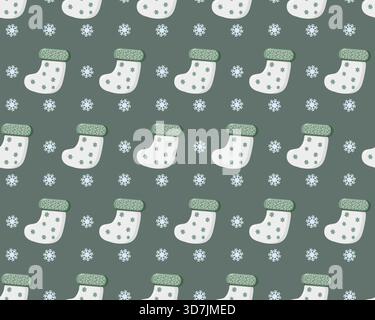 Motivo natalizio senza cuciture di calze bianche con polsini verdi e decorazioni con fiocchi di neve, intervallate da fiocchi di neve bianchi Illustrazione Vettoriale