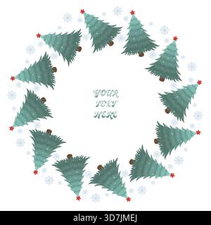 Festosa corona circolare fatta di alberi di Natale verdi con stelle rosse, intervallata da fiocchi di neve blu. Allegro design invernale per biglietti d'auguri Illustrazione Vettoriale