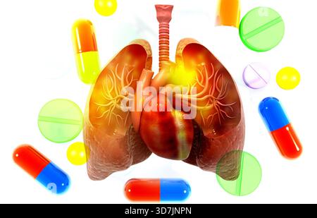 Anatomia del sistema respiratorio umano con pillole medicinali. background scientifico. illustrazione 3d. Foto Stock