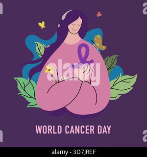 Immagine vettoriale piatta di una donna che tiene un nastro viola per la giornata mondiale del cancro, simboleggia la speranza, il sostegno, la prevenzione e la consapevolezza globale sulla salute. Illustrazione Vettoriale
