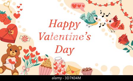 Cartolina orizzontale di buon San Valentino con cornice in mezzitoni organici, testo festivo e elementi natalizi carini come cuori, regali, orsacchiotto, rose, singin Illustrazione Vettoriale