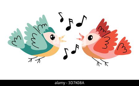 Adorabile coppia di uccelli cantanti innamorata, illustrata in luminoso stile cartoni animati. Buon San Valentino elemento romantico per le vacanze. Ideale per una carta romantica Illustrazione Vettoriale