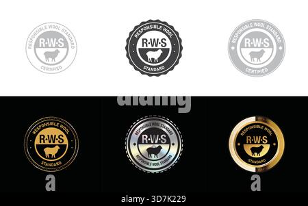 Badge standard per lana responsabile – etichetta di certificazione etica per il benessere degli animali, sigillo in fibra sostenibile e vettore per la conformità dei tessuti Illustrazione Vettoriale