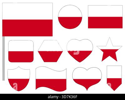 Icona della bandiera polacca impostata in forme diverse isolata su sfondo bianco Illustrazione Vettoriale