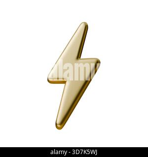 Icona di fulmine dorate brillanti nel rendering 3D. Un'audace forma thunderbolt con luce metallizzata e riflessi fluidi. Simbolo elettrico perfetto per la potenza Illustrazione Vettoriale