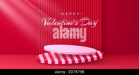 Buon San Valentino, palco a podio 3D con piattaforma rotonda per le vacanze d'amore, biglietto di auguri vettoriale. Podio di San Valentino con palco rotondo rosa e plateau a righe sullo sfondo rosso dello showroom dello studio con luce Illustrazione Vettoriale