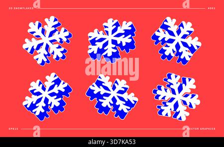 Una serie di moderni fiocchi di neve isometrici 3D inclinati a diverse angolazioni. Colori neon brillanti. Elementi grafici decorativi per il design delle vacanze invernali. Grafica vettoriale EPS10. Illustrazione Vettoriale