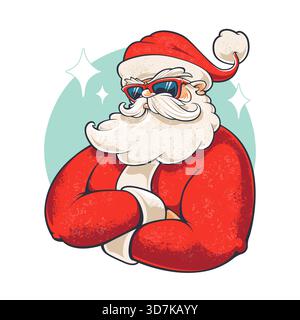 Babbo Natale dal design seducente in stile cartoni animati retrò con occhiali da sole e texture in grana. Divertente personaggio natalizio per i design natalizi. Illustrazione vettoriale modificabile. Illustrazione Vettoriale